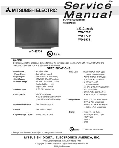 mitsubishi 65 inch 1080p dlp hdtv wd 65731 pdf manual